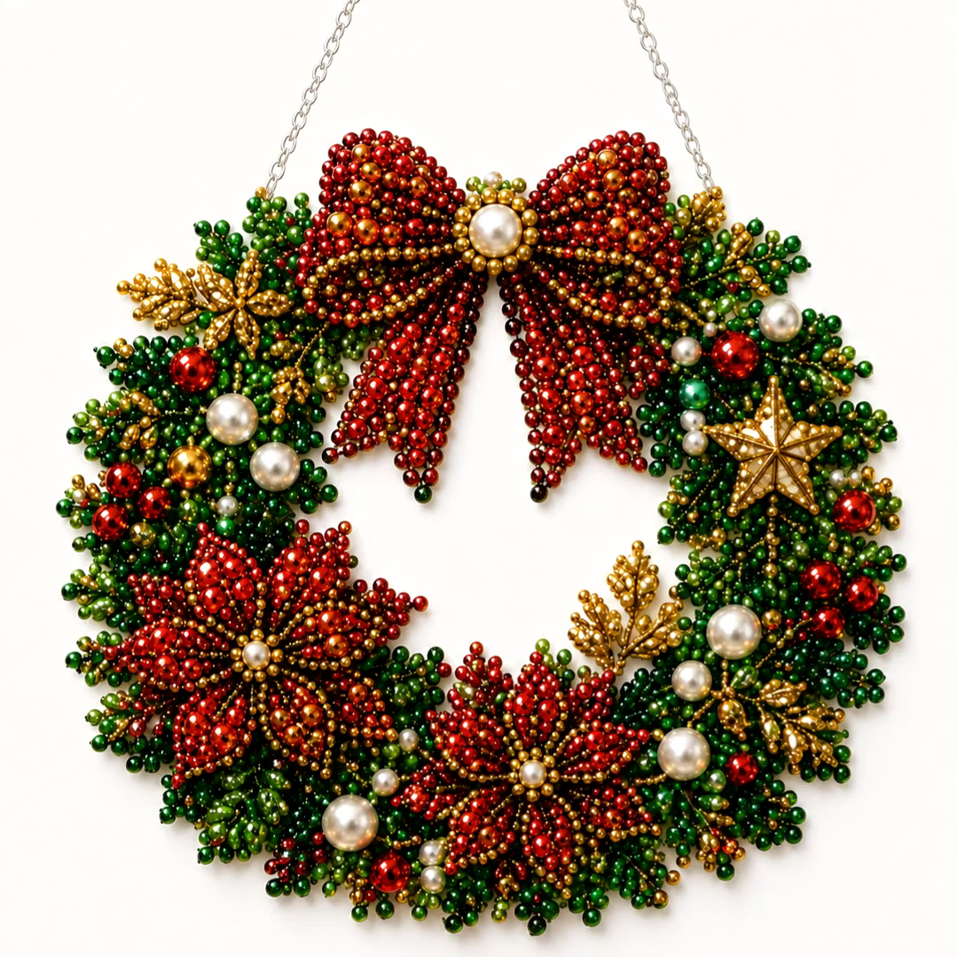 DIY Christmas Bow Wreath with LED Lights - Pearl Diamond Painting Pendant Kit (Single-Sided)