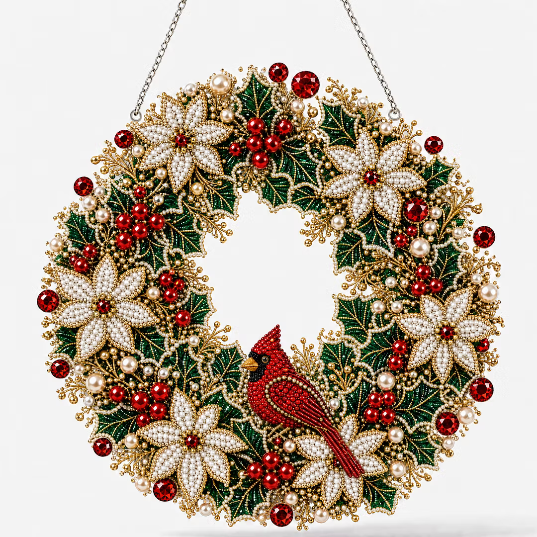 DIY Christmas Cardinal Wreath with LED Lights - Pearl Diamond Painting Pendant Kit (Single-Sided)
