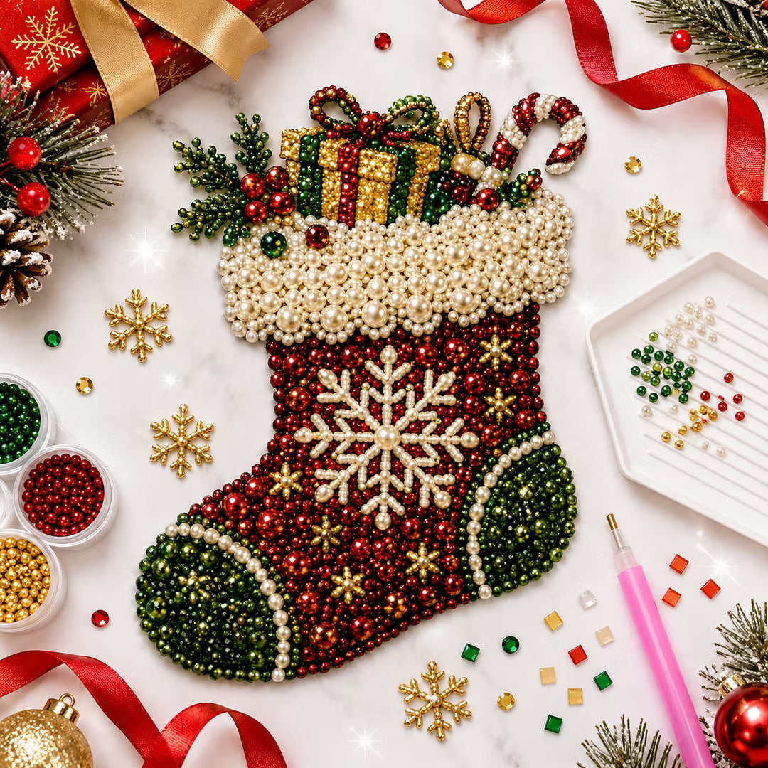 Framed Christmas Stockings - Pearls Painting Kit DIY Diamond Painting Pearl Dot Crafts 20x20CM