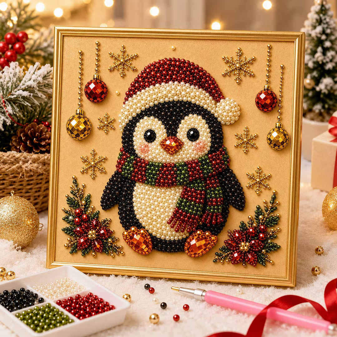 Framed Christmas Penguin - Pearls Painting Kit DIY Diamond Painting Pearl Dot Crafts 20x20CM