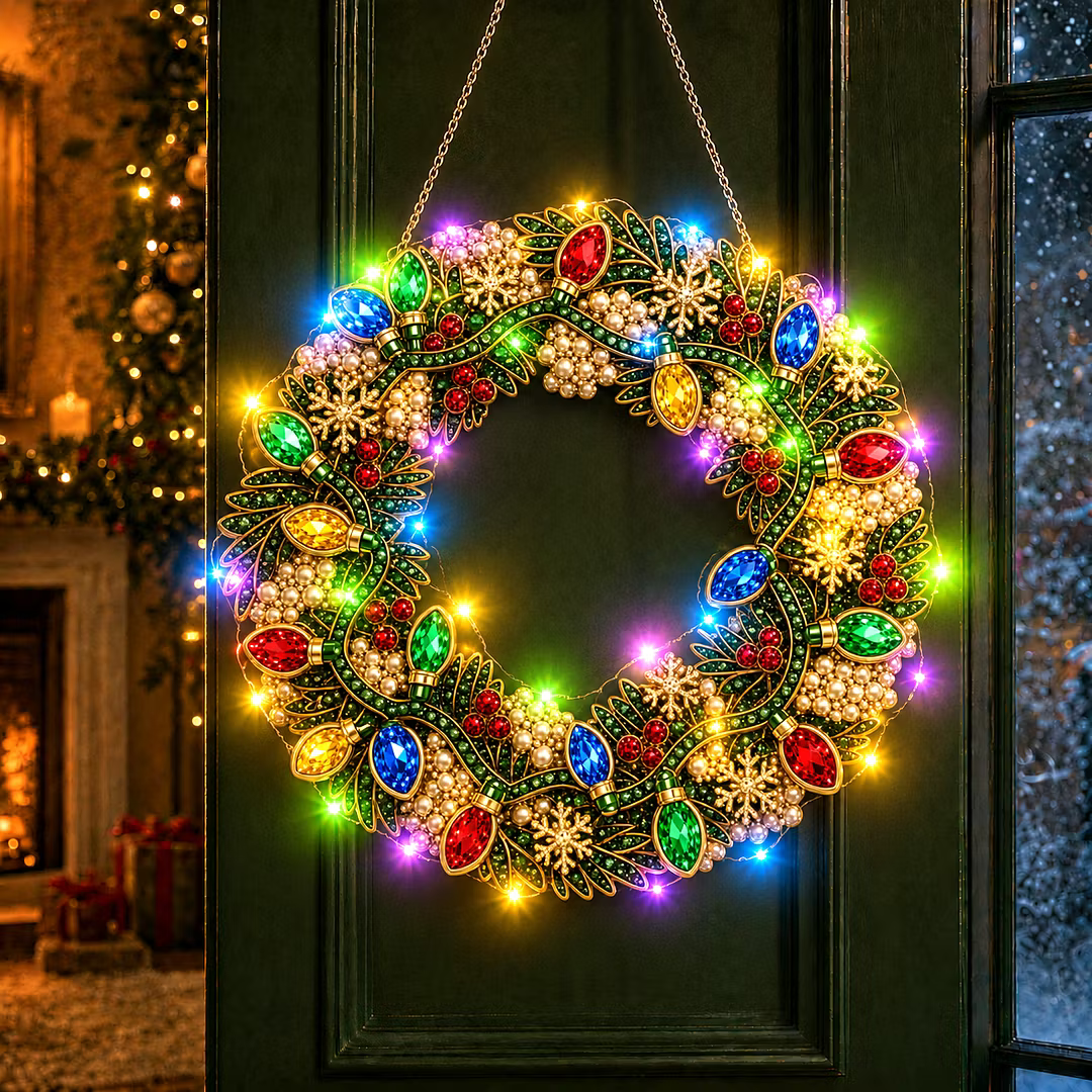 DIY Christmas Wreath with LED Lights - Pearl Diamond Painting Pendant Kit (Single-Sided)