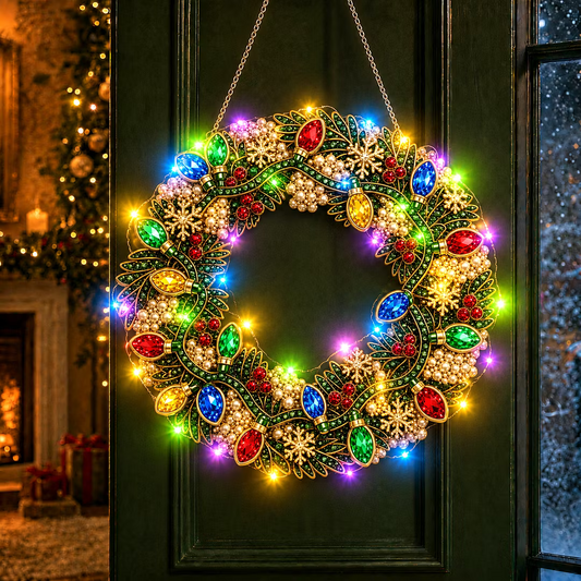 DIY Christmas Wreath with LED Lights - Pearl Diamond Painting Pendant Kit (Single-Sided)