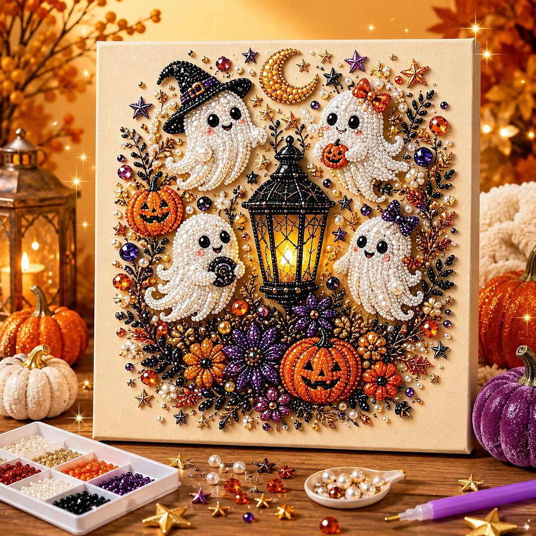 Framed Halloween White Ghost - DIY Pearls Painting Kit for Creativity DIY Pearl Dot Crafts for Gift Home Wall Decor 20x20CM