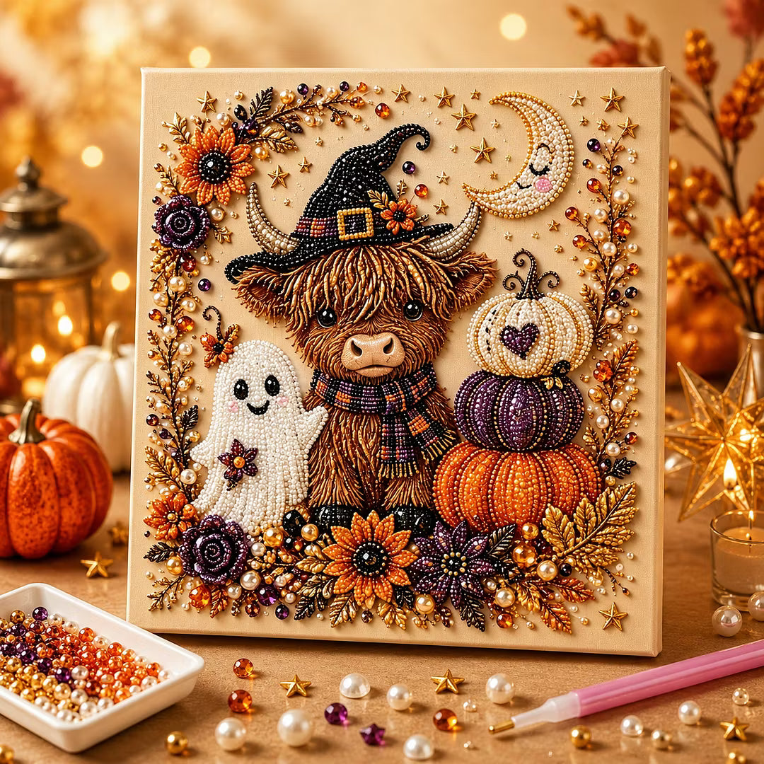 Framed Halloween Highland Yak - DIY Pearls Painting Kit for Creativity DIY Pearl Dot Crafts for Gift Home Wall Decor 20x20CM