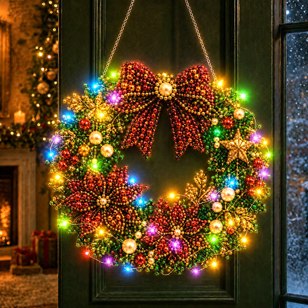 DIY Christmas Bow Wreath with LED Lights - Pearl Diamond Painting Pendant Kit (Single-Sided)