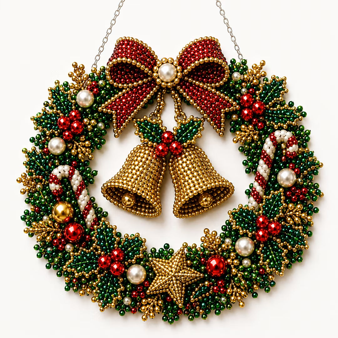 DIY Christmas Bell Wreath with LED Lights - Pearl Diamond Painting Pendant Kit (Single-Sided)