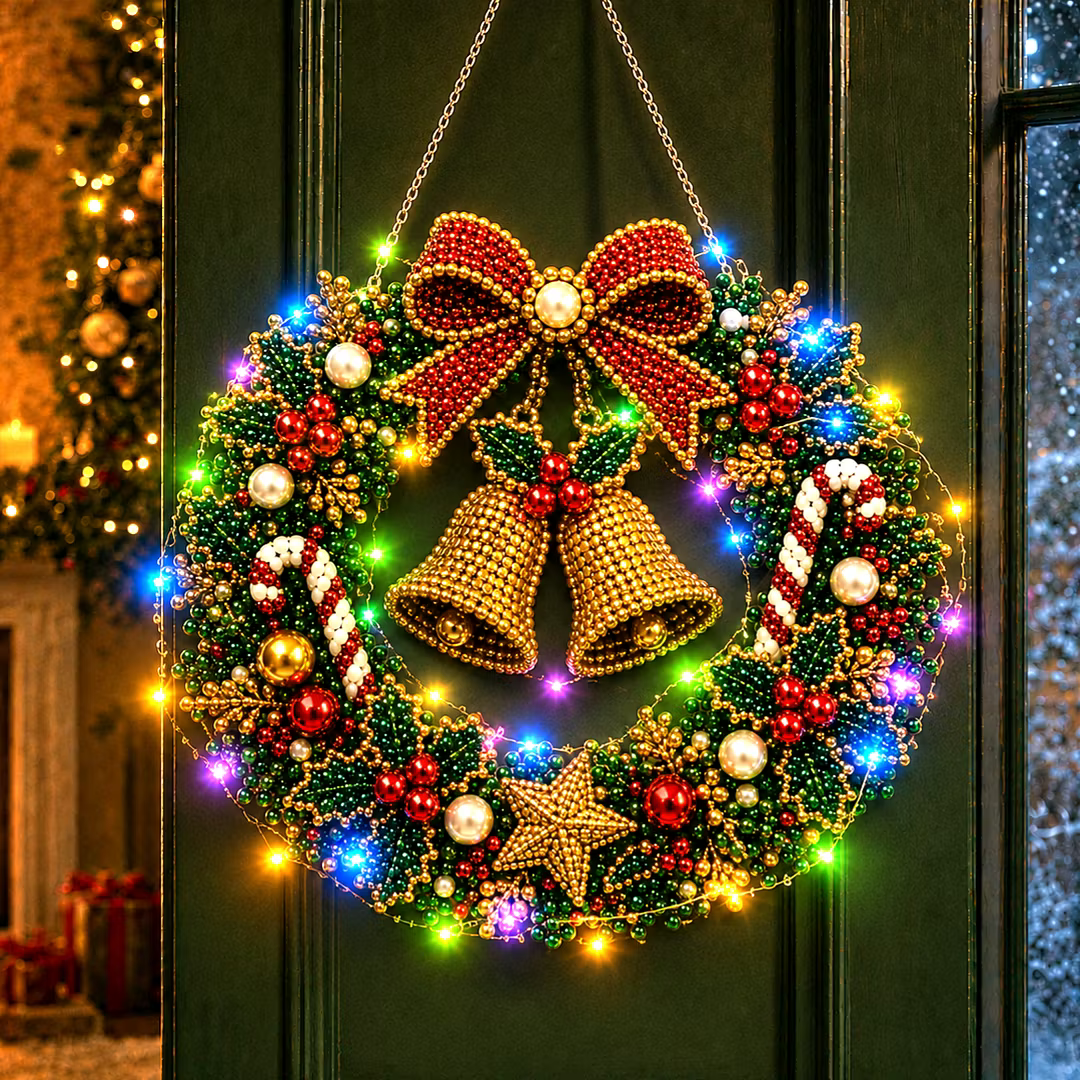 DIY Christmas Bell Wreath with LED Lights - Pearl Diamond Painting Pendant Kit (Single-Sided)