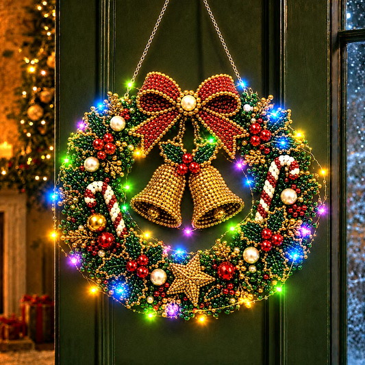 DIY Christmas Bell Wreath with LED Lights - Pearl Diamond Painting Pendant Kit (Single-Sided)