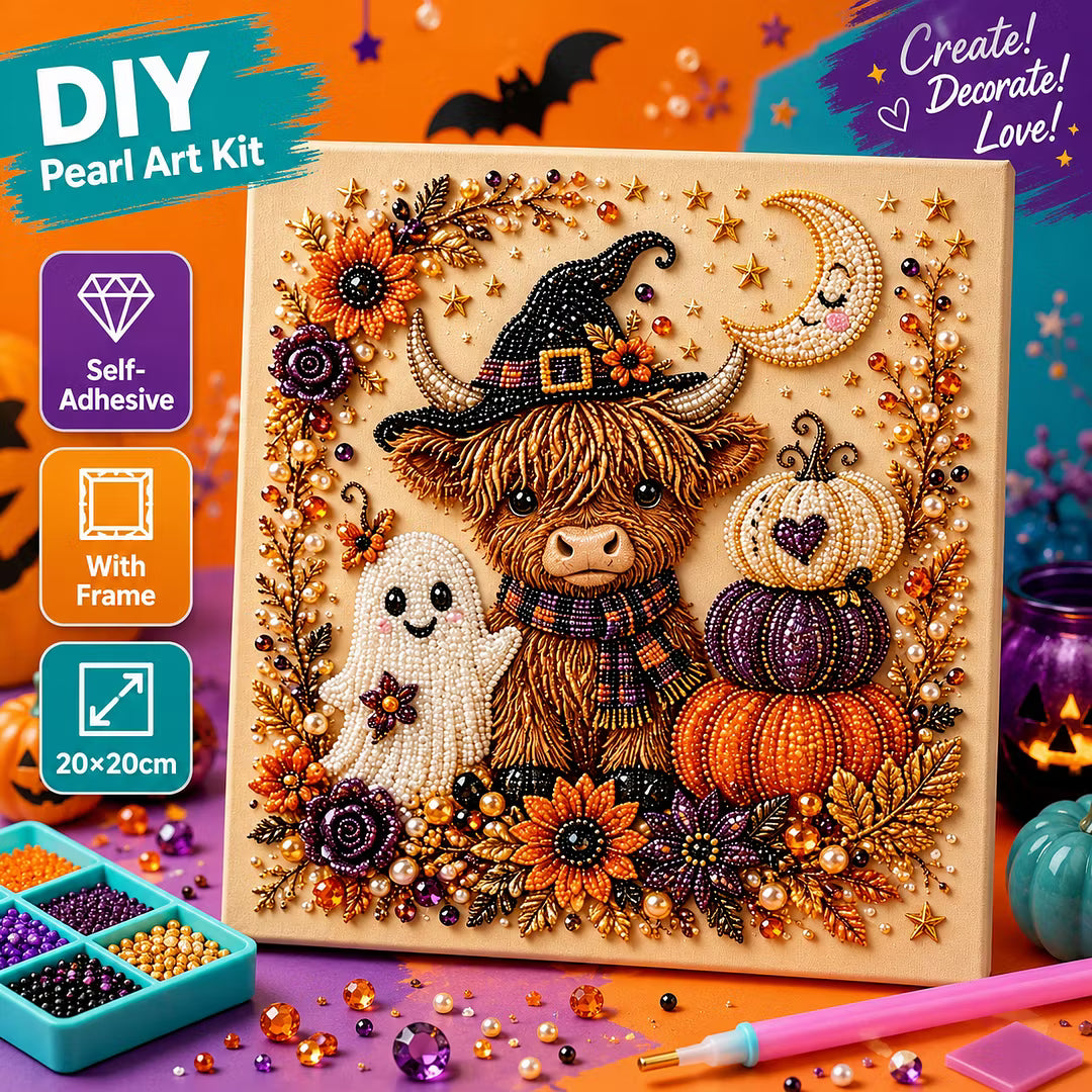 Framed Halloween Highland Yak - DIY Pearls Painting Kit for Creativity DIY Pearl Dot Crafts for Gift Home Wall Decor 20x20CM