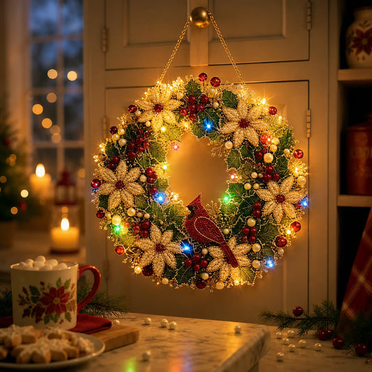 DIY Christmas Cardinal Wreath with LED Lights - Pearl Diamond Painting Pendant Kit (Single-Sided)