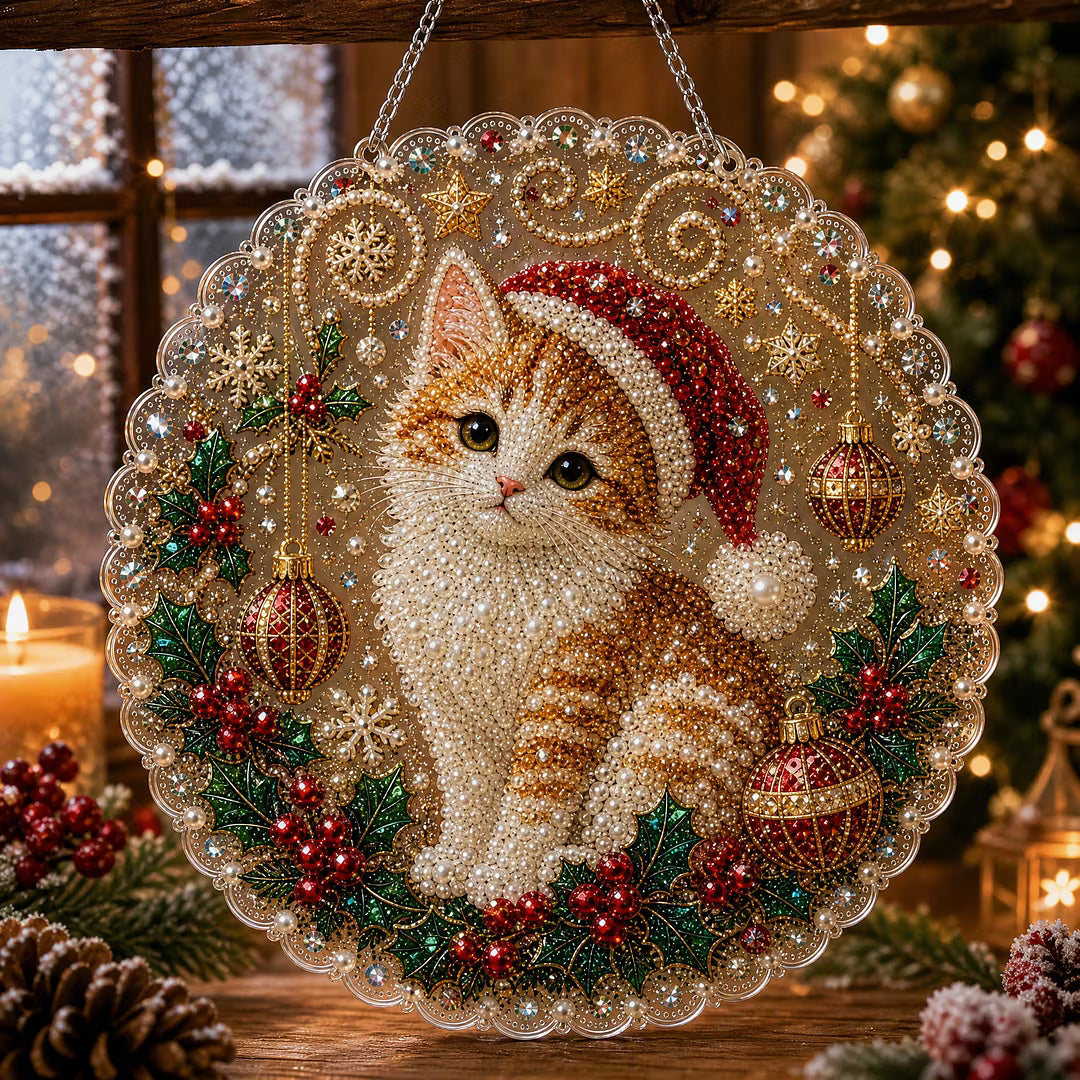 DIY Xmas Cat Pearl Art Diamond Painting Pendant (Single-Sided)