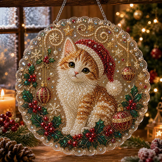 DIY Xmas Cat Pearl Art Diamond Painting Pendant (Single-Sided)