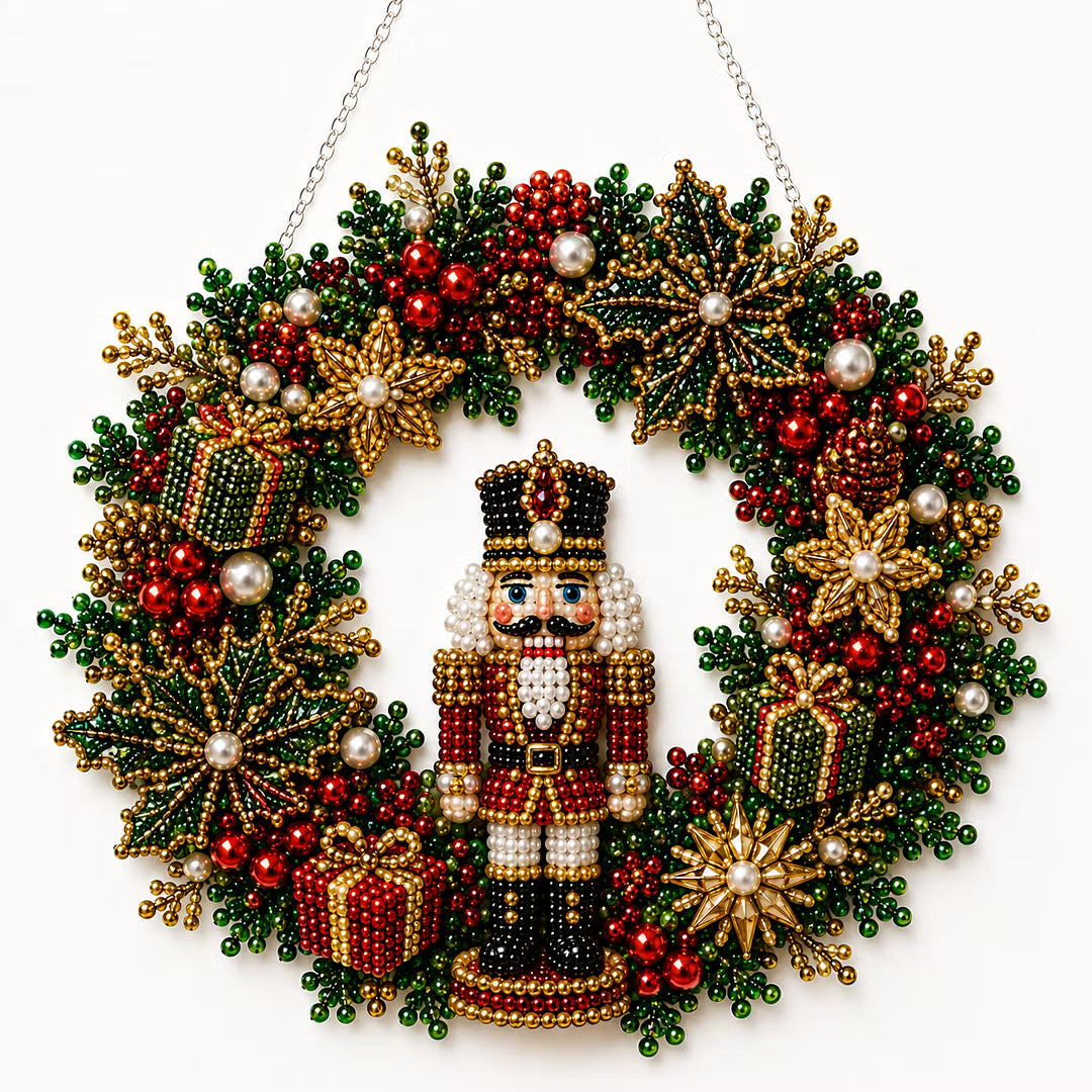 DIY Christmas Nutcracker Wreath with LED Lights - Pearl Diamond Painting Pendant Kit (Single-Sided)