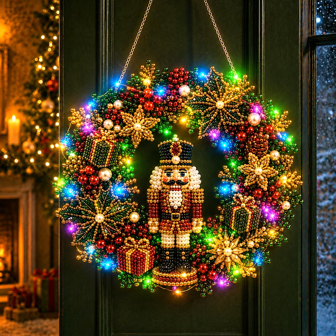 DIY Christmas Nutcracker Wreath with LED Lights - Pearl Diamond Painting Pendant Kit (Single-Sided)