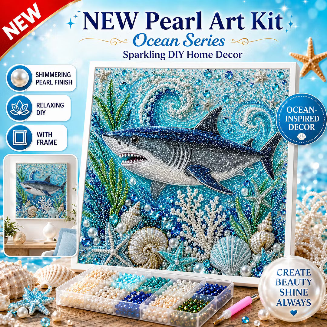 Framed Shark - Pearls Painting Kit DIY Diamond Painting Pearl Dot Crafts 20x20CM