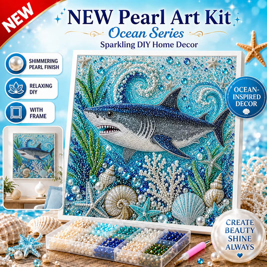 Framed Shark - Pearls Painting Kit DIY Diamond Painting Pearl Dot Crafts 20x20CM