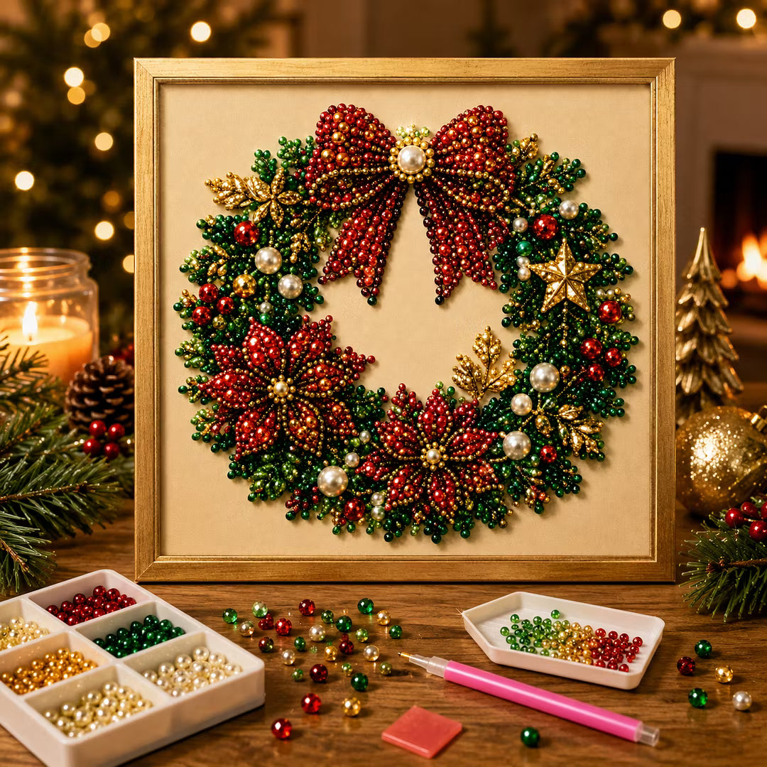 Framed Christmas Wreath - Pearls Painting Kit DIY Diamond Painting Pearl Dot Crafts 20x20CM