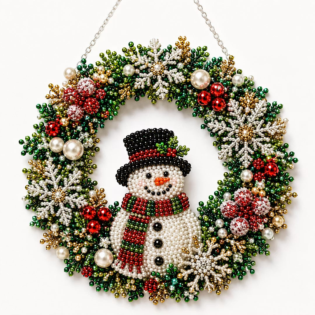 DIY Christmas Snowman Wreath with LED Lights - Pearl Diamond Painting Pendant Kit (Single-Sided)
