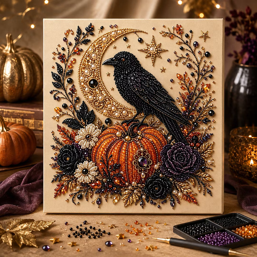 Framed Halloween Black Crow - DIY Pearls Painting Kit for Creativity DIY Pearl Dot Crafts for Gift Home Wall Decor 20x20CM