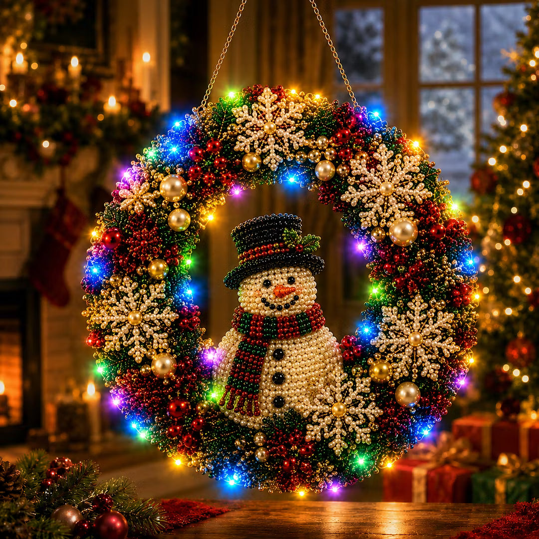 DIY Christmas Snowman Wreath with LED Lights - Pearl Diamond Painting Pendant Kit (Single-Sided)