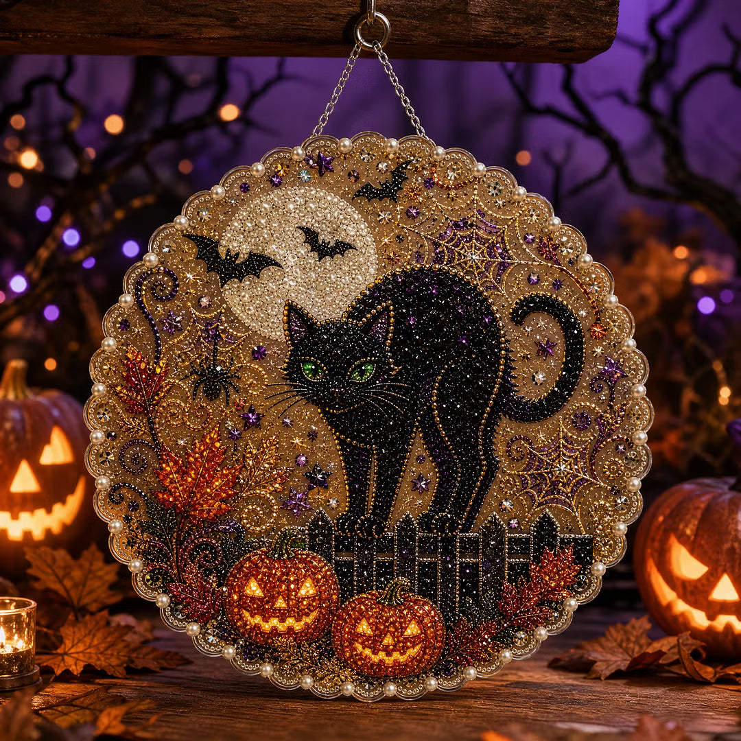 DIY Black Cat Halloween Diamond Painting Pearls Painting Pendant (Single-Sided)
