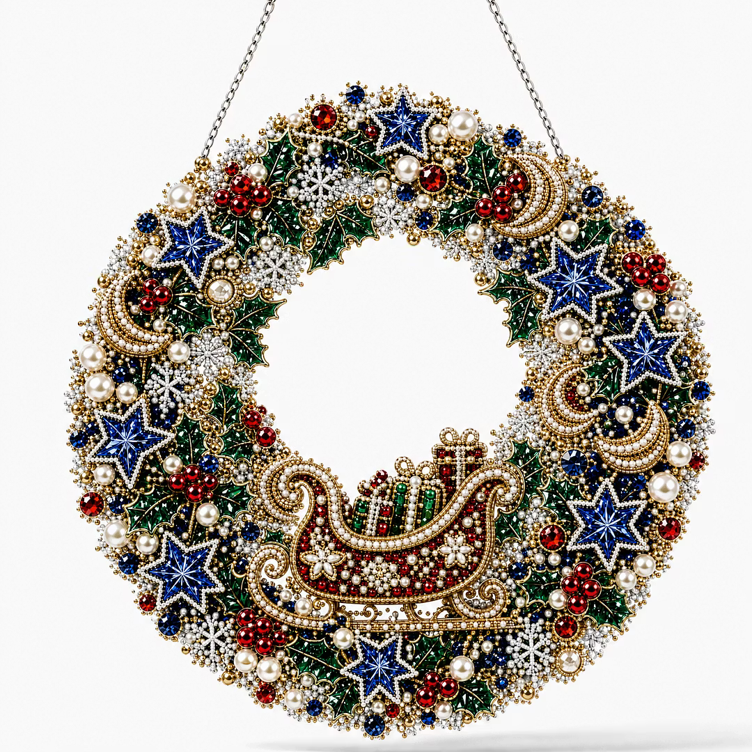 DIY Christmas Sleigh Wreath with LED Lights - Pearl Diamond Painting Pendant Kit (Single-Sided)
