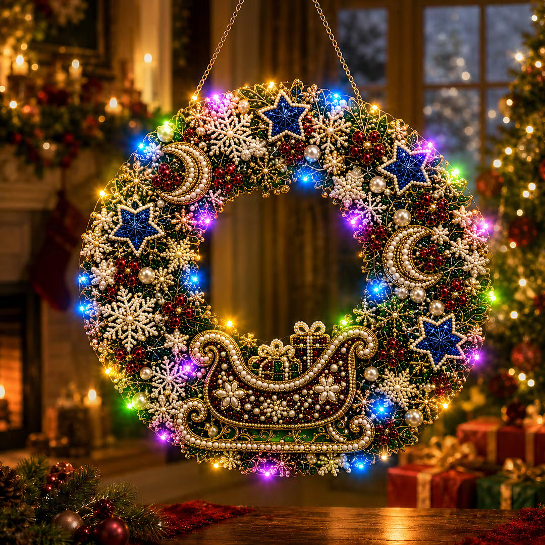 DIY Christmas Sleigh Wreath with LED Lights - Pearl Diamond Painting Pendant Kit (Single-Sided)