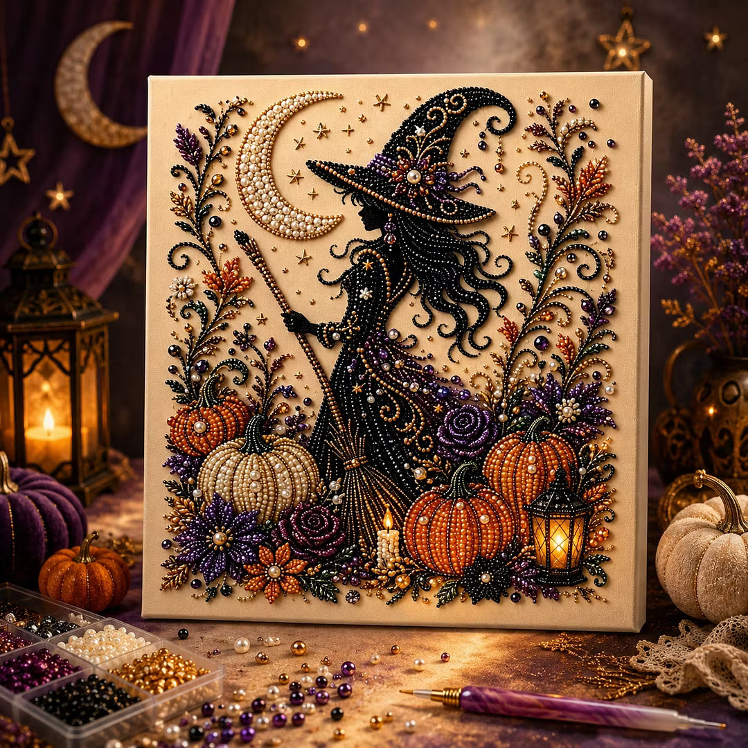 Framed Halloween Witch - DIY Pearls Painting Kit for Creativity DIY Pearl Dot Crafts for Gift Home Wall Decor 20x20CM