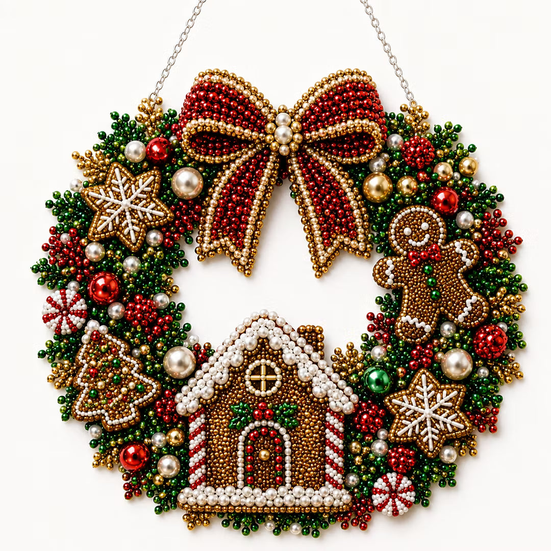 DIY Christmas Gingerbread Wreath with LED Lights - Pearl Diamond Painting Pendant Kit (Single-Sided)