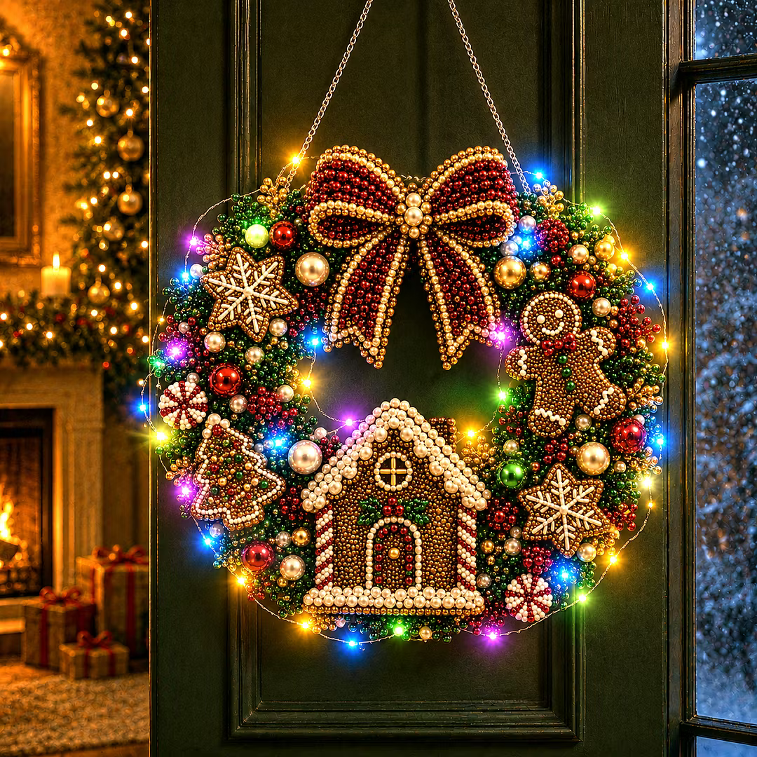 DIY Christmas Gingerbread Wreath with LED Lights - Pearl Diamond Painting Pendant Kit (Single-Sided)