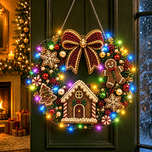 DIY Christmas Gingerbread Wreath with LED Lights - Pearl Diamond Painting Pendant Kit (Single-Sided)