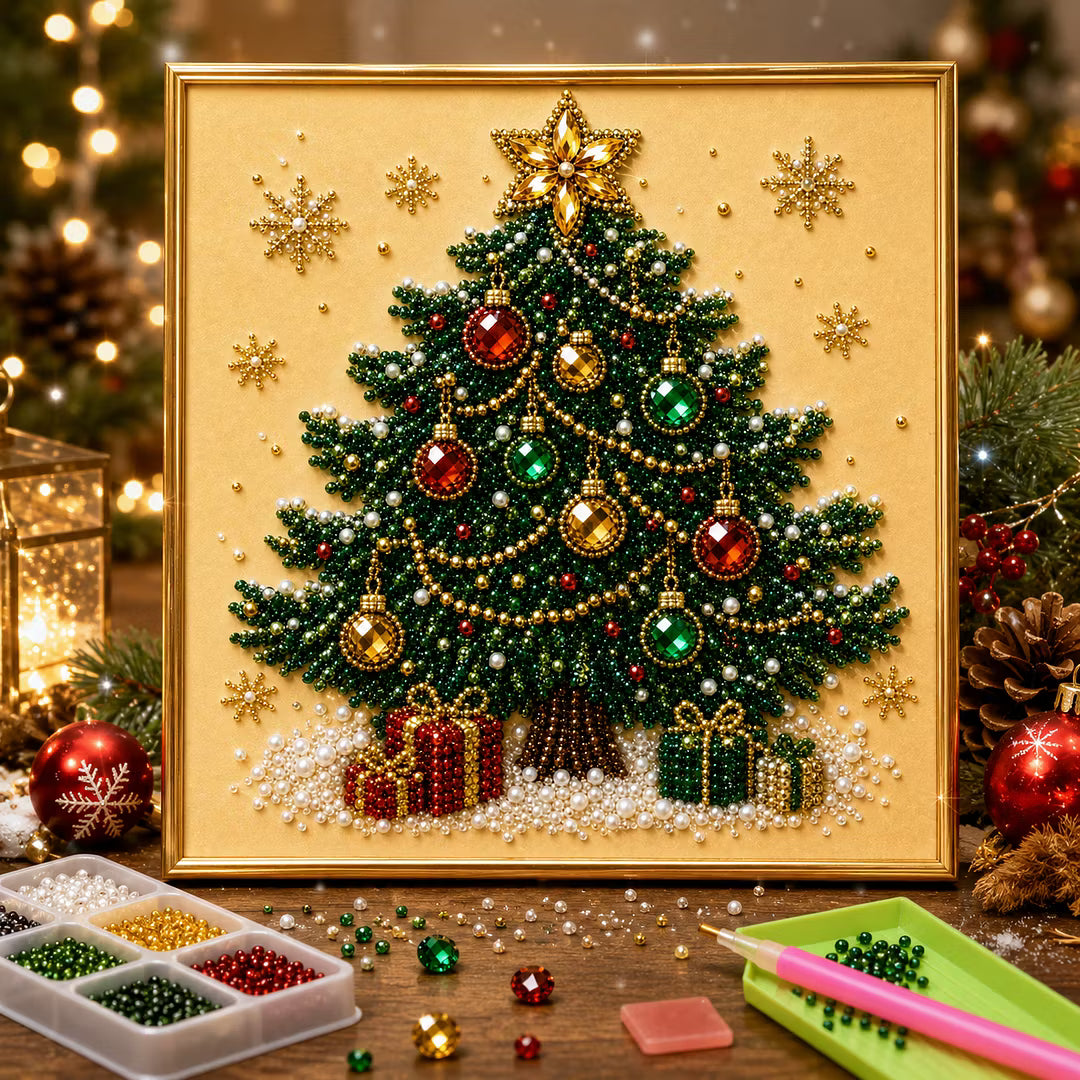Framed Christmas Tree - Pearls Painting Kit DIY Diamond Painting Pearl Dot Crafts 20x20CM