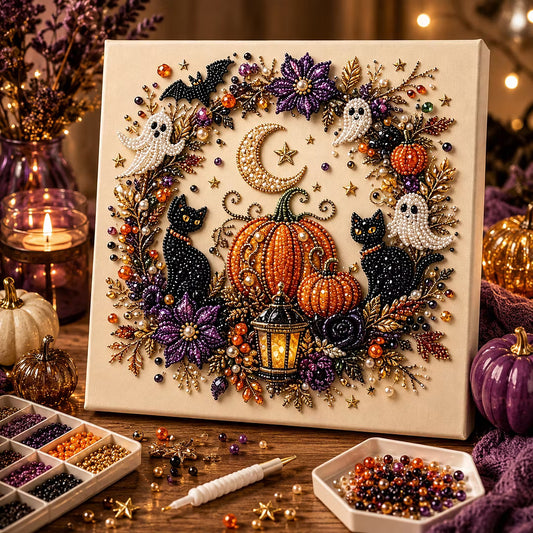 Framed Halloween Black Cat Pumpkin - DIY Pearls Painting Kit for Creativity DIY Pearl Dot Crafts for Gift Home Wall Decor 20x20CM