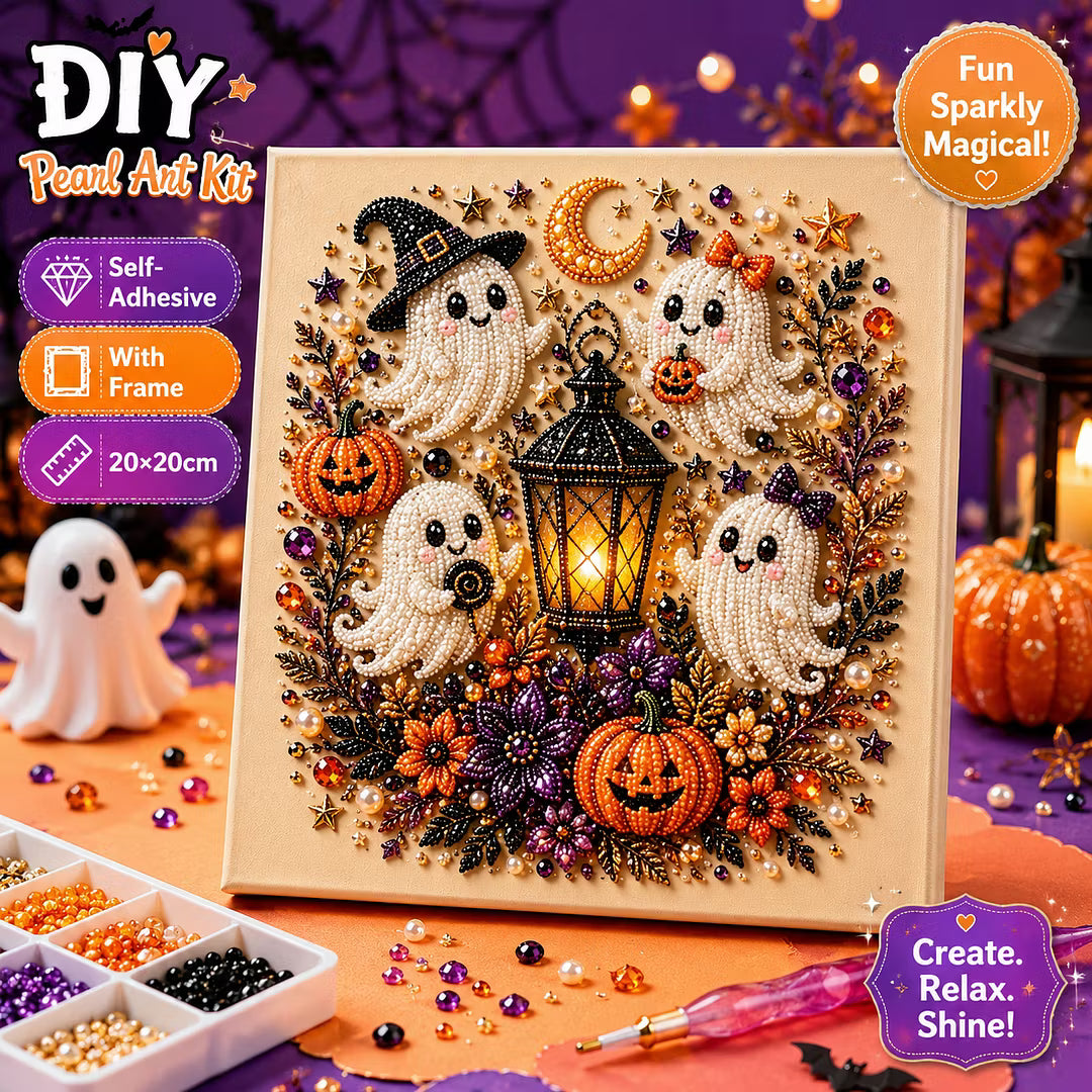 Framed Halloween White Ghost - DIY Pearls Painting Kit for Creativity DIY Pearl Dot Crafts for Gift Home Wall Decor 20x20CM
