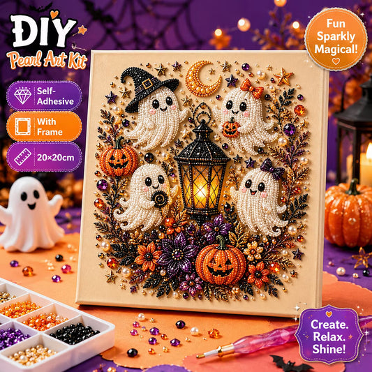 Framed Halloween White Ghost - DIY Pearls Painting Kit for Creativity DIY Pearl Dot Crafts for Gift Home Wall Decor 20x20CM