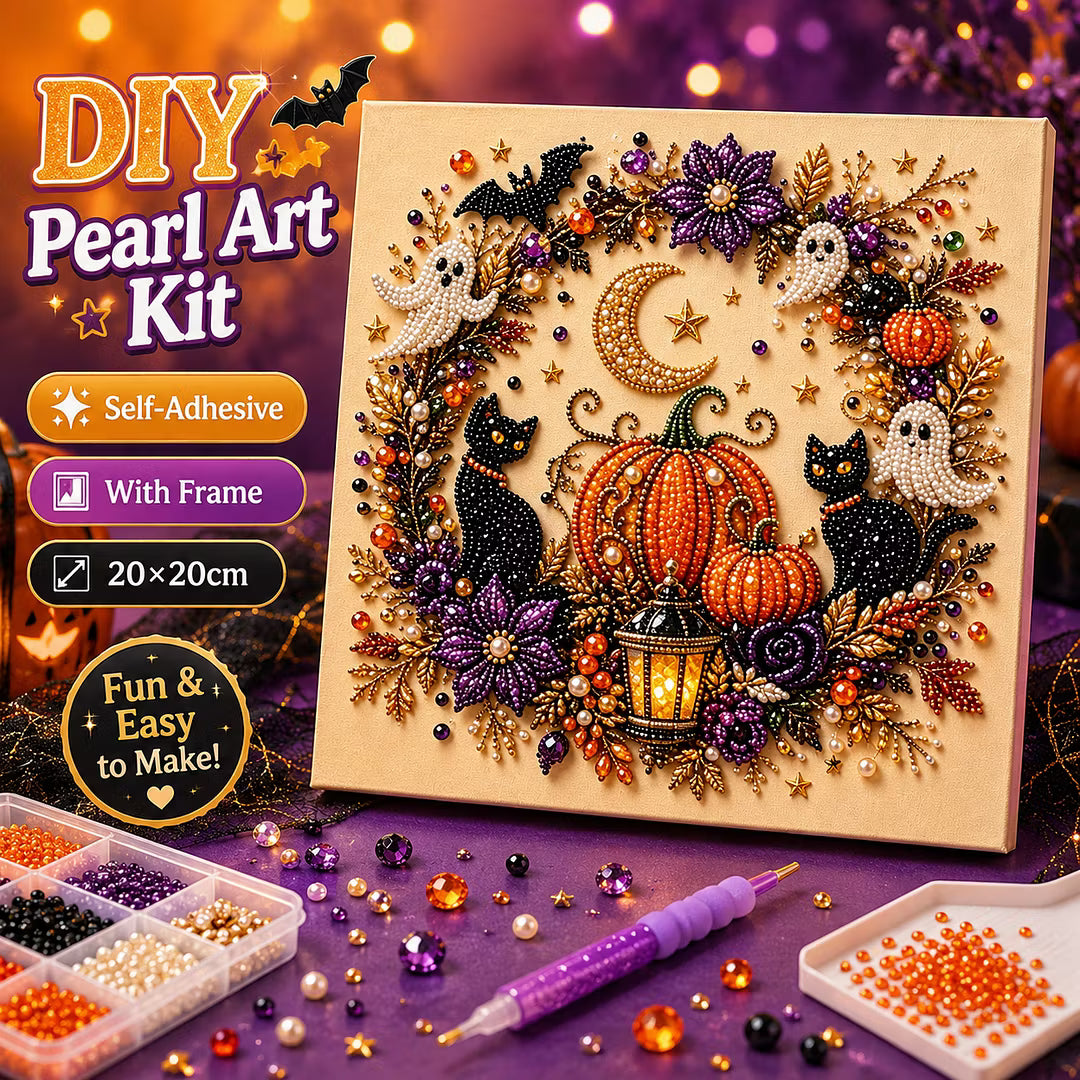 Framed Halloween Black Cat Pumpkin - DIY Pearls Painting Kit for Creativity DIY Pearl Dot Crafts for Gift Home Wall Decor 20x20CM